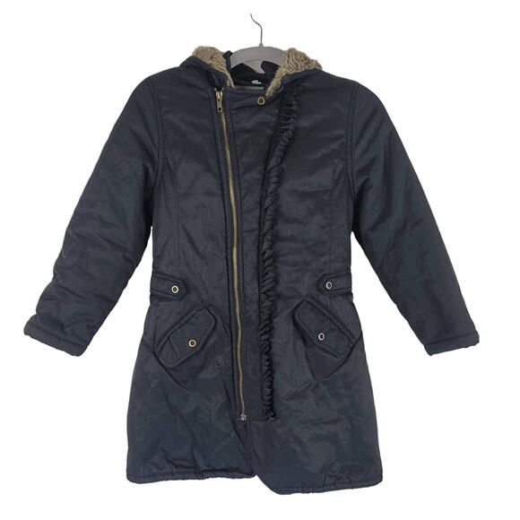 Eliane et Lena Girls Moto Ruffle Removable Hooded Long Line Winter Coat 8A